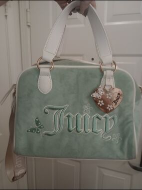 Juicy Couture Mint Green Velvet Satchel with White Handles